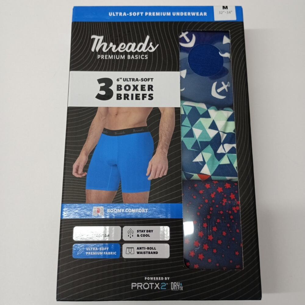 Threads Men's Underwear, 6" Ultra-Soft Premium Boxer Briefs 3-Pack Size M 32-34